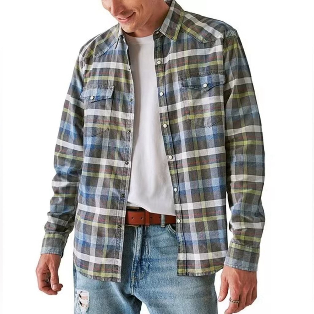 Lucky Brand Shirt Classic Fit Long Sleeves Pearl Snap Blue Plaid Western Large